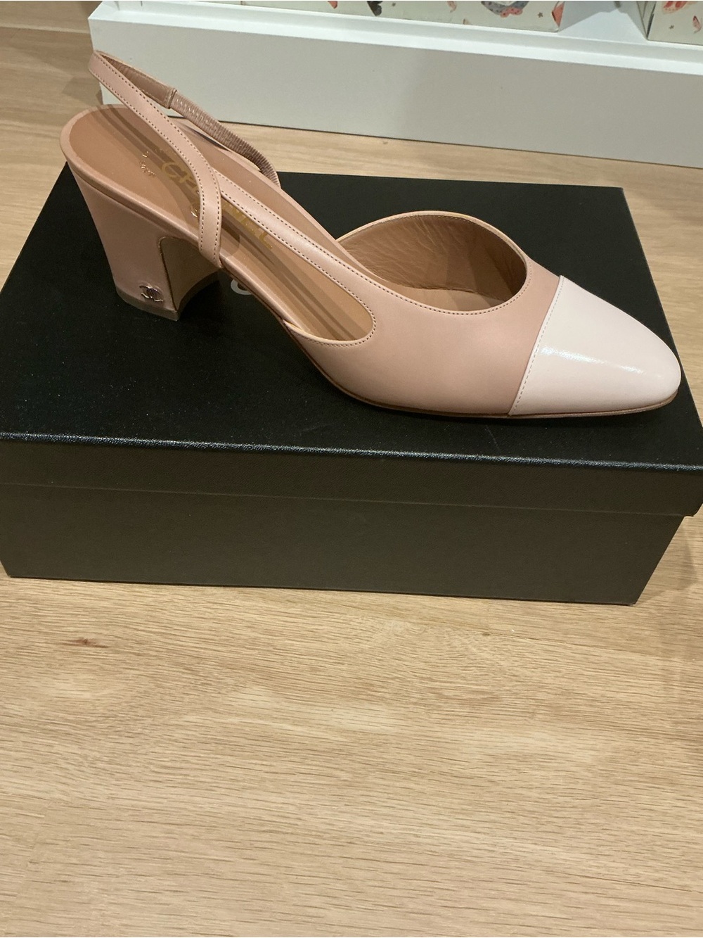 WORN ONCE CHANEL Two-Tone Nude and Pale Pink Calfskin Slingback Block Heel